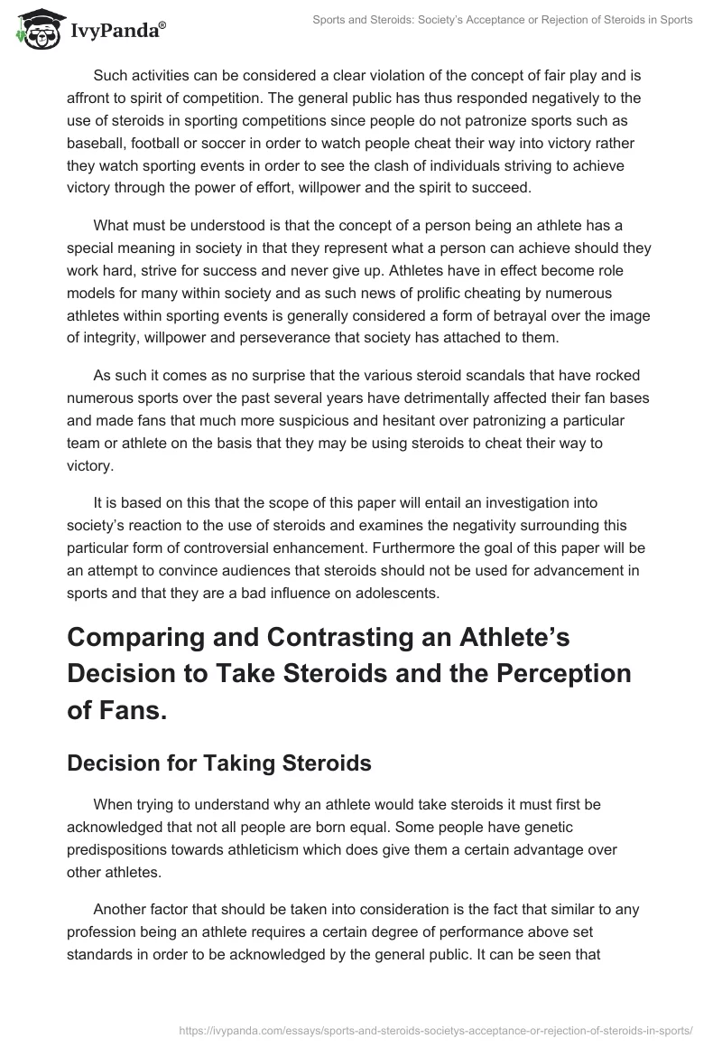 Sports and Steroids: Society’s Acceptance or Rejection of Steroids in Sports. Page 2