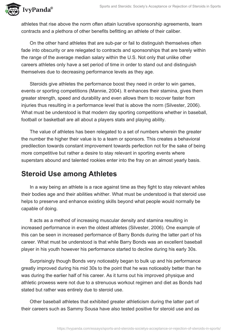 Sports and Steroids: Society’s Acceptance or Rejection of Steroids in Sports. Page 3