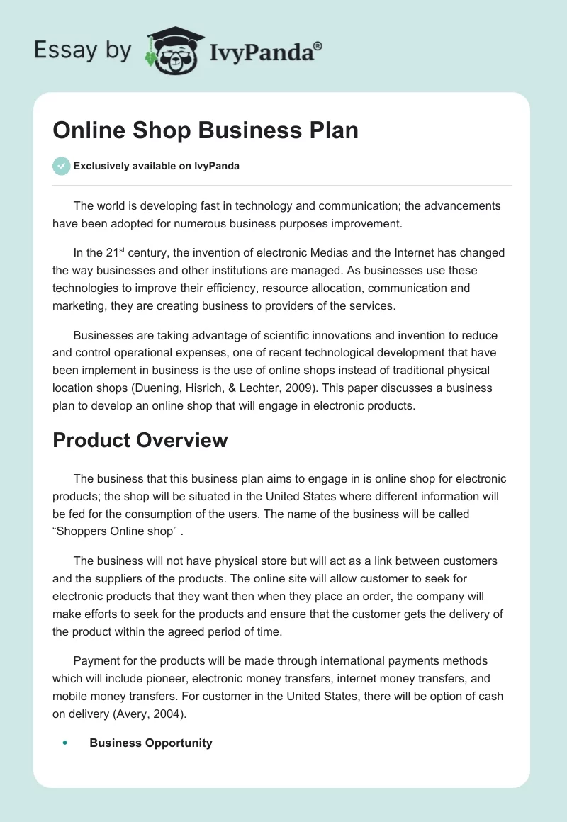 Online Shop Business Plan. Page 1