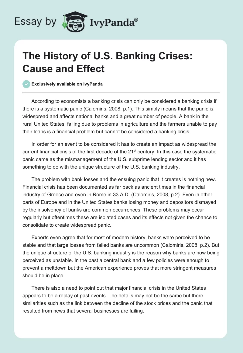 The History of U.S. Banking Crises: Cause and Effect. Page 1