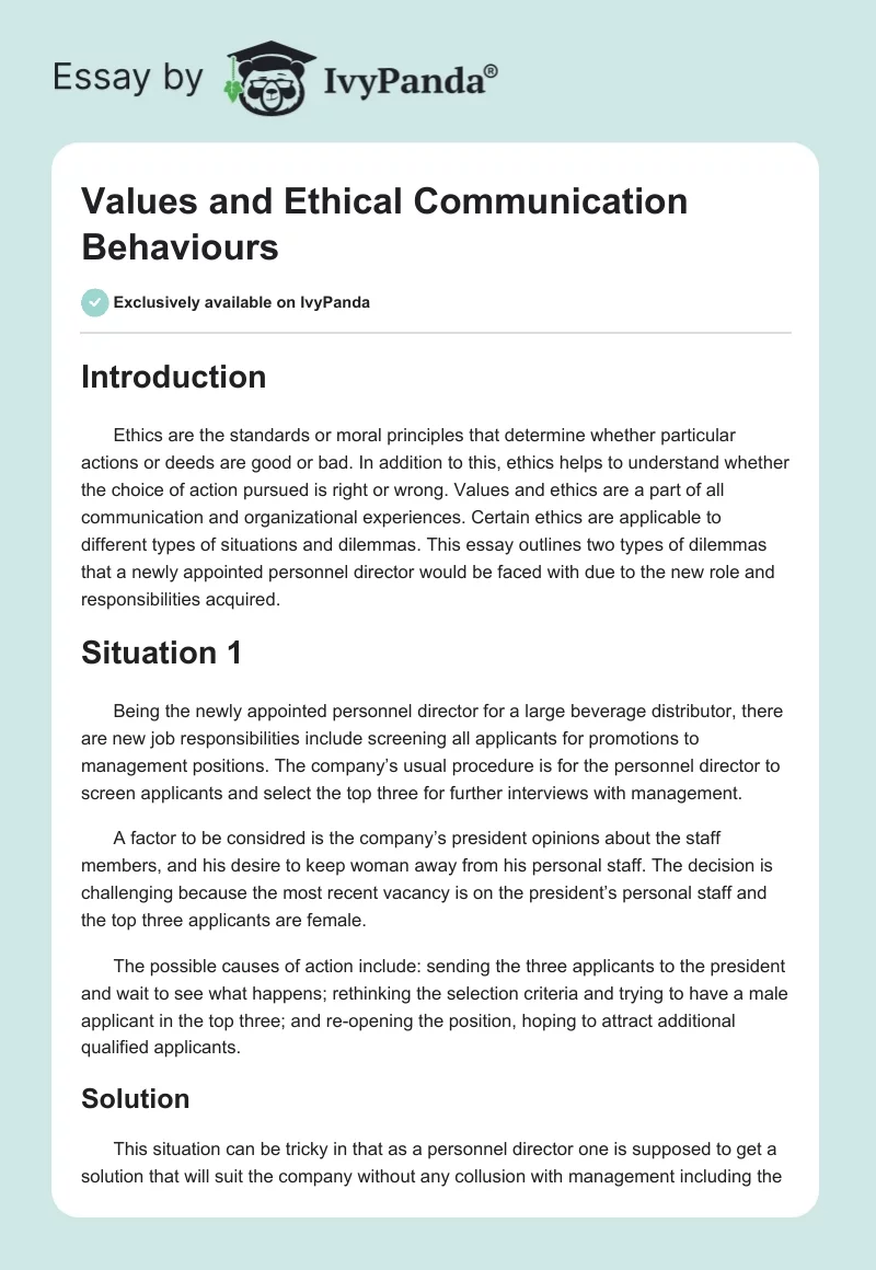 Values and Ethical Communication Behaviours. Page 1