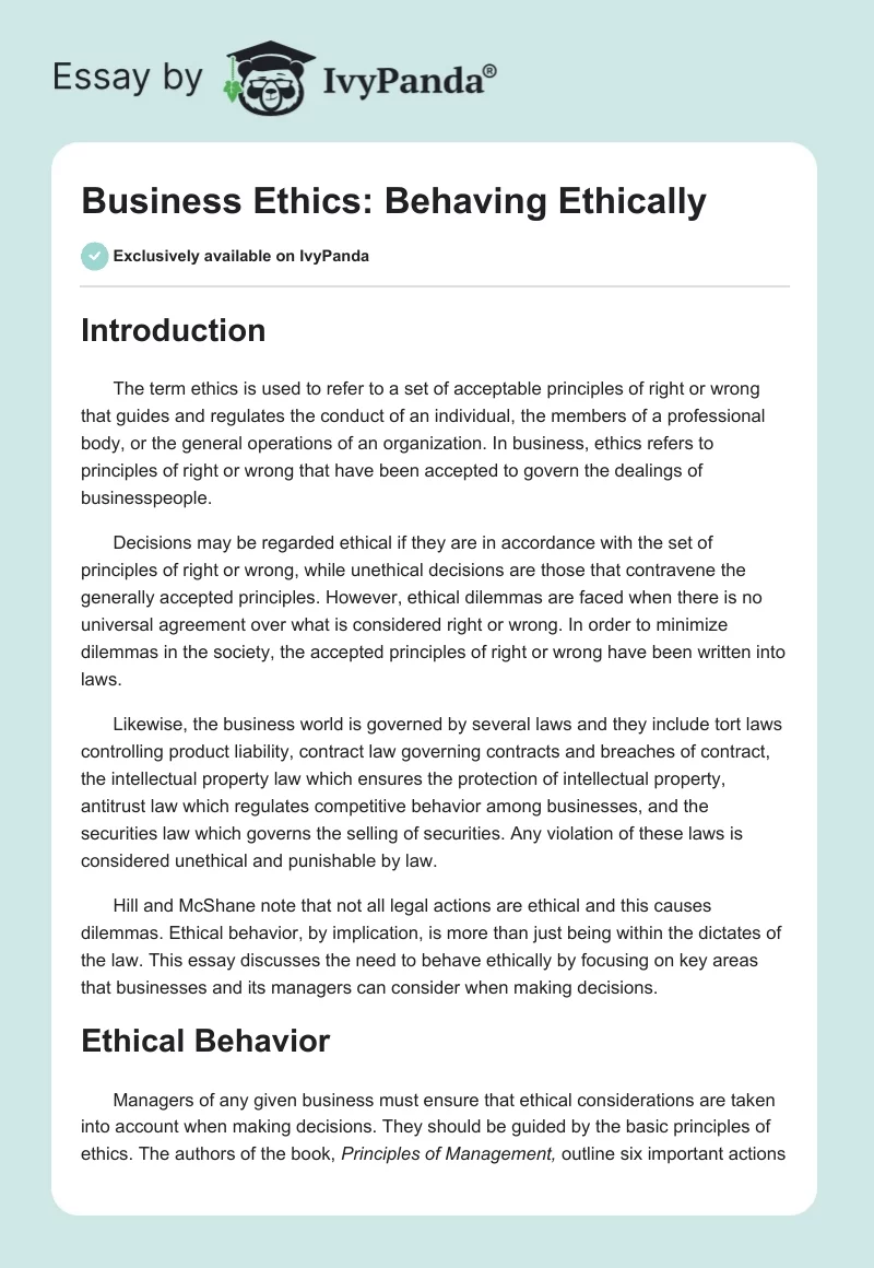 Business Ethics: Behaving Ethically. Page 1