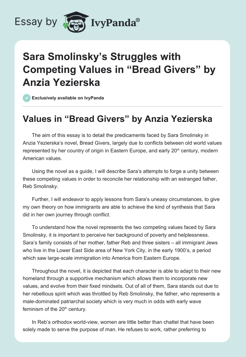 Sara Smolinsky’s Struggles with Competing Values in “Bread Givers” by Anzia Yezierska. Page 1