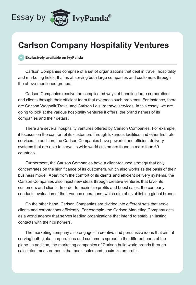 Carlson Company Hospitality Ventures. Page 1