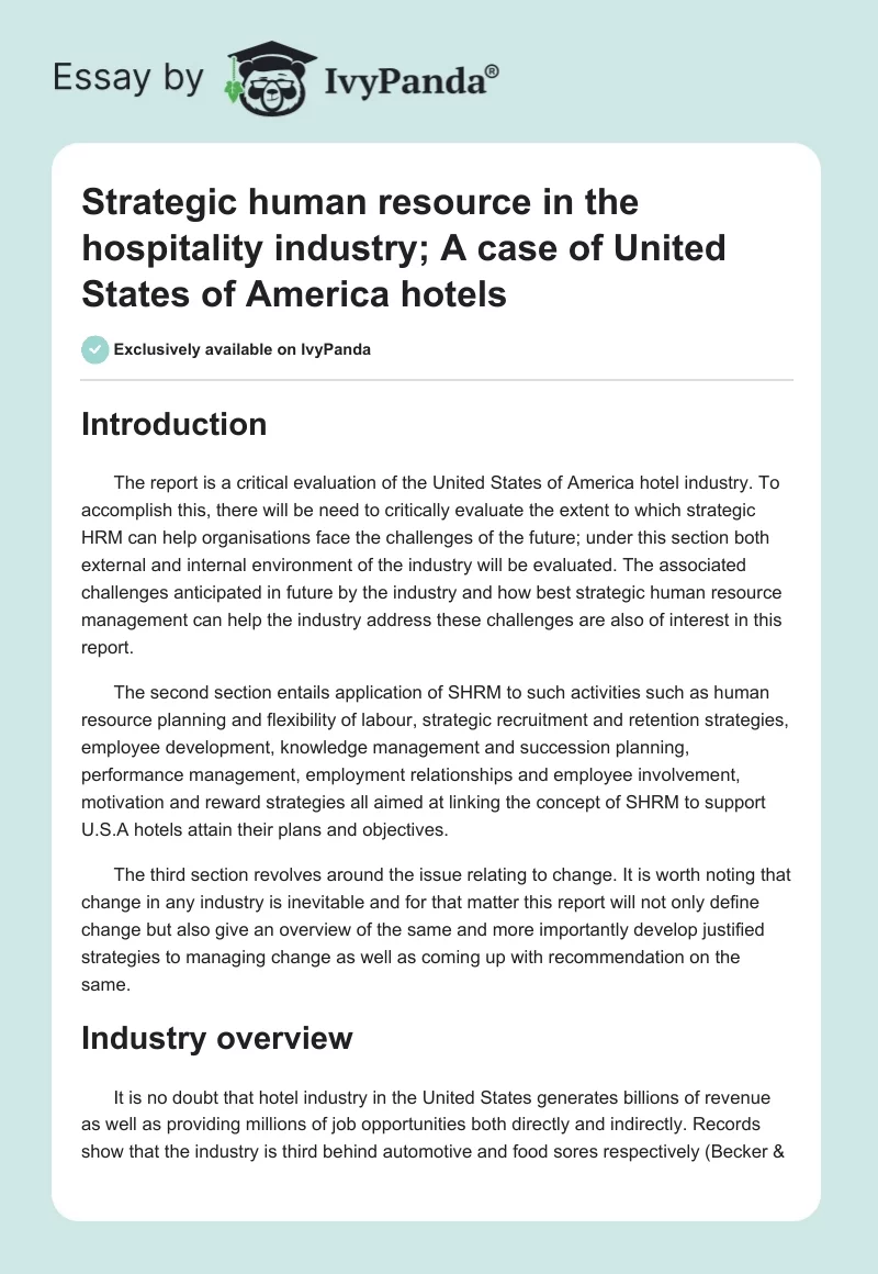 Strategic Human Resource in the Hospitality Industry: A Case of United States of America Hotels. Page 1