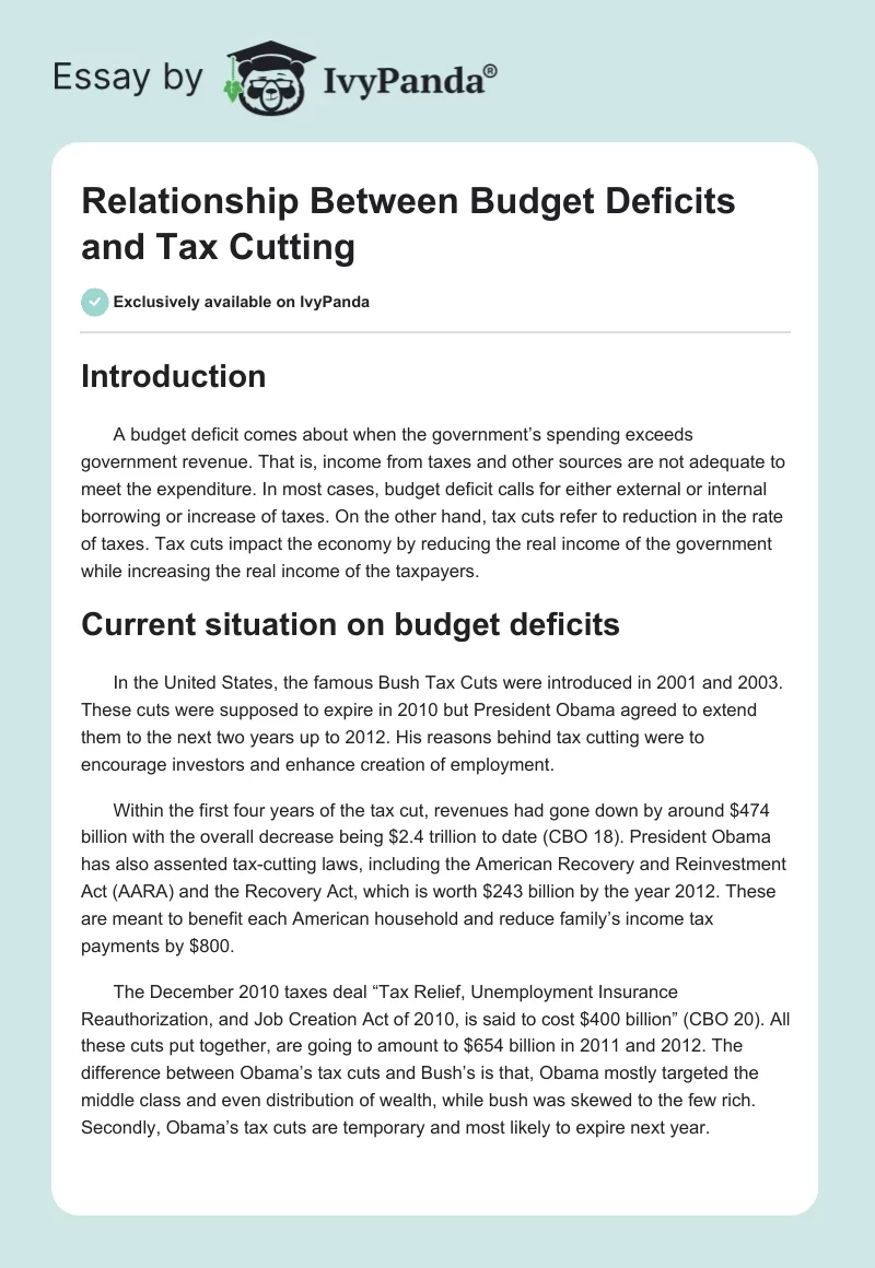 Relationship Between Budget Deficits and Tax Cutting. Page 1