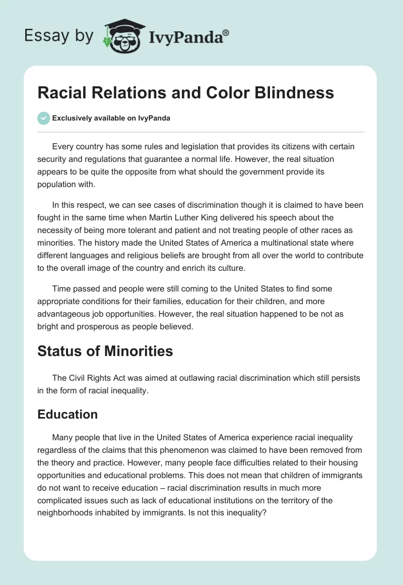 Racial Relations and Color Blindness. Page 1