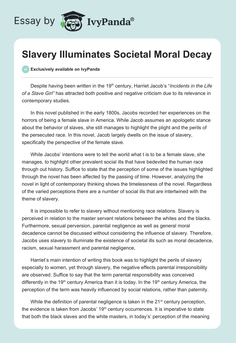 Slavery Illuminates Societal Moral Decay. Page 1