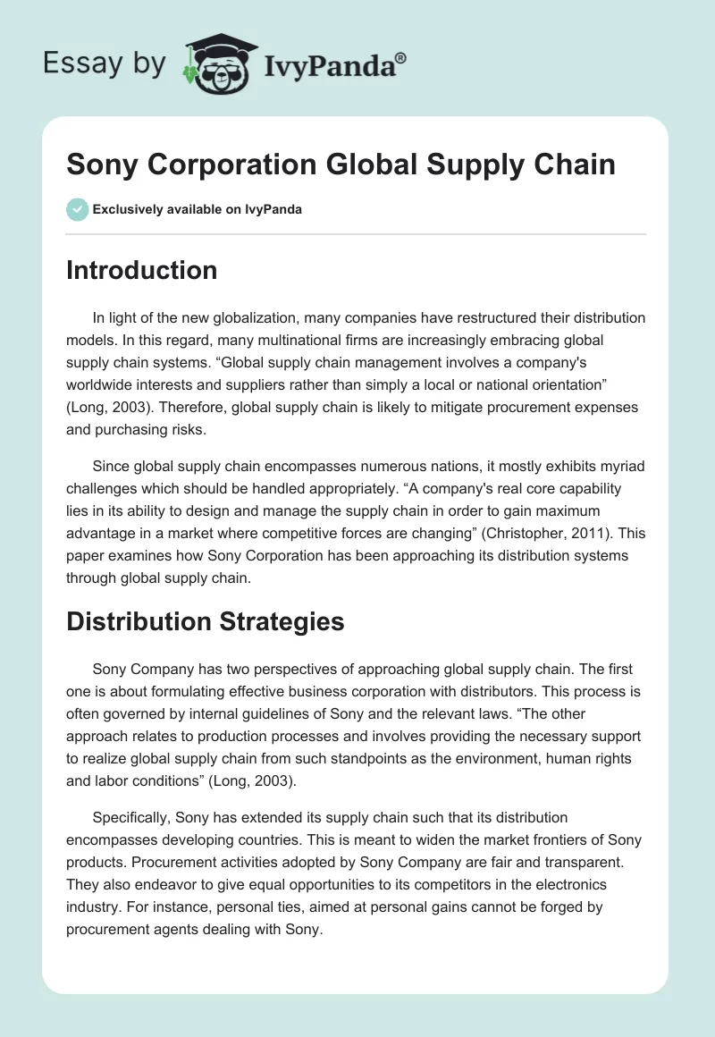 Sony Corporation Global Supply Chain. Page 1