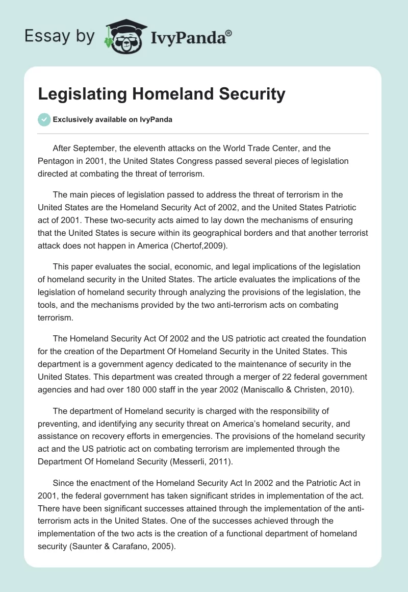 Legislating Homeland Security. Page 1