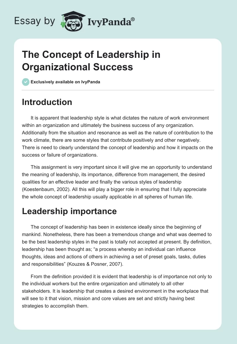 The Concept of Leadership in Organizational Success. Page 1