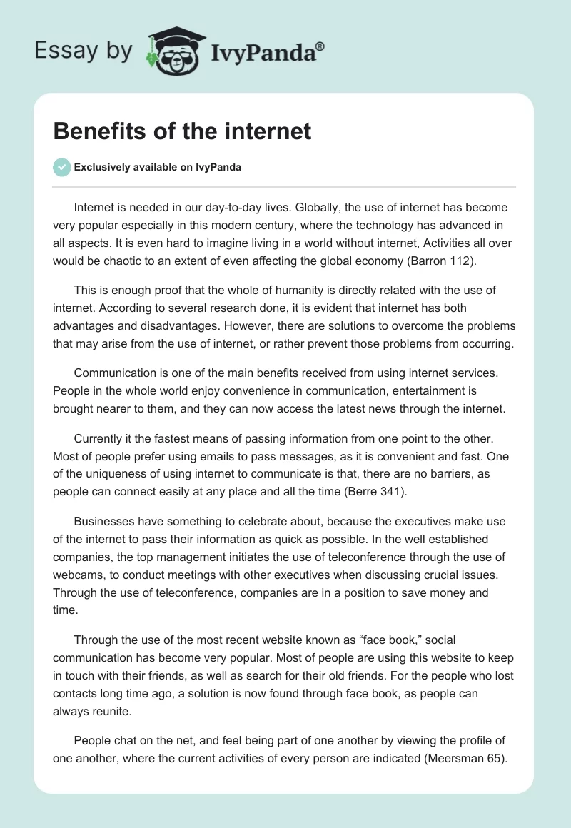 Benefits of the Internet. Page 1