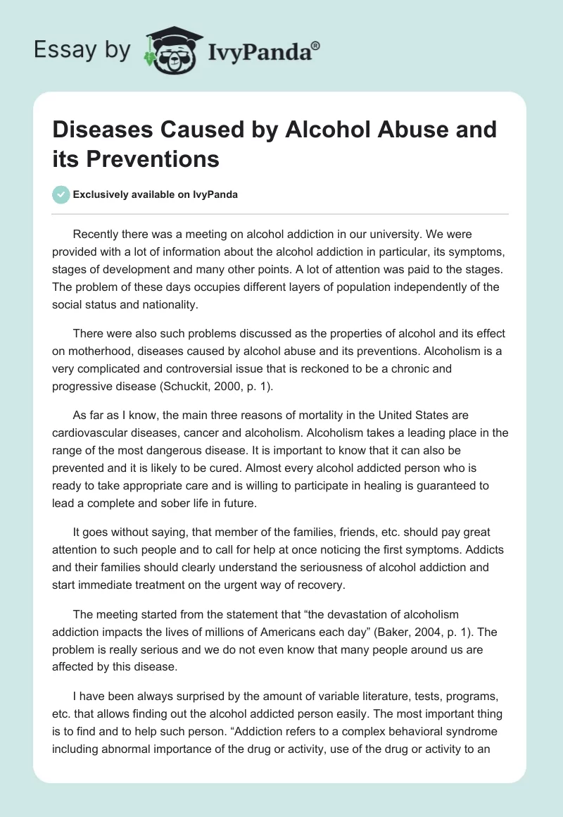 Diseases Caused by Alcohol Abuse and Its Preventions. Page 1