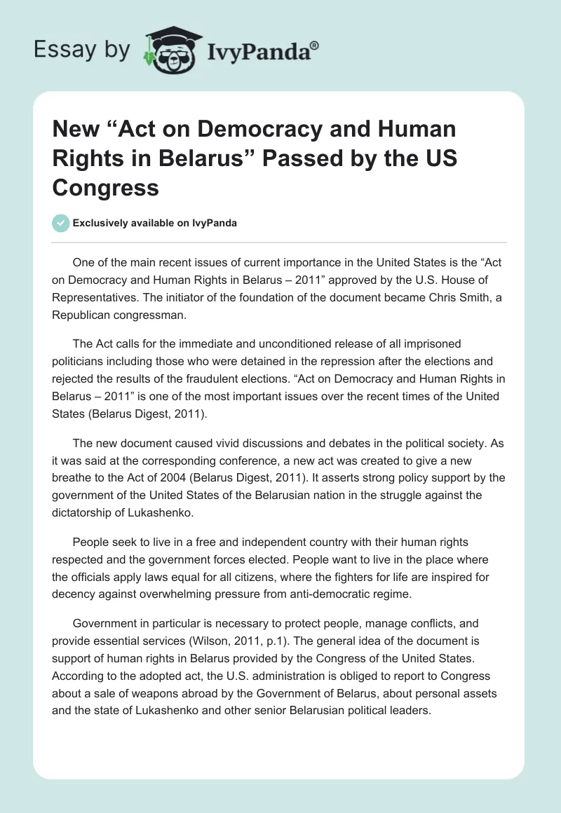 New “Act on Democracy and Human Rights in Belarus” Passed by the US Congress. Page 1