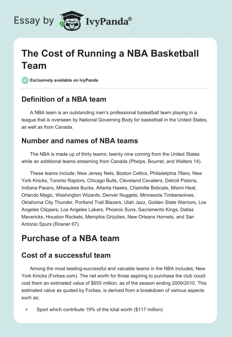 The Cost of Running a NBA Basketball Team. Page 1