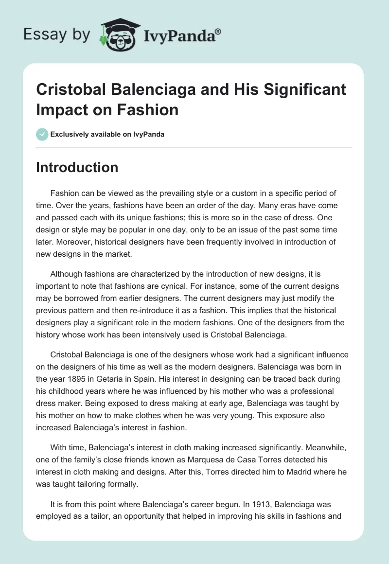 Cristobal Balenciaga and His Significant Impact on Fashion. Page 1