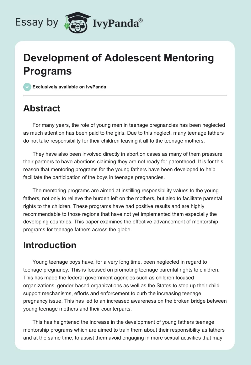 Development of Adolescent Mentoring Programs. Page 1