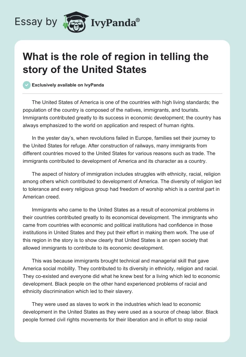 What is the role of region in telling the story of the United States. Page 1