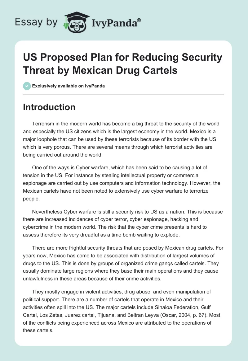 US Proposed Plan for Reducing Security Threat by Mexican Drug Cartels. Page 1
