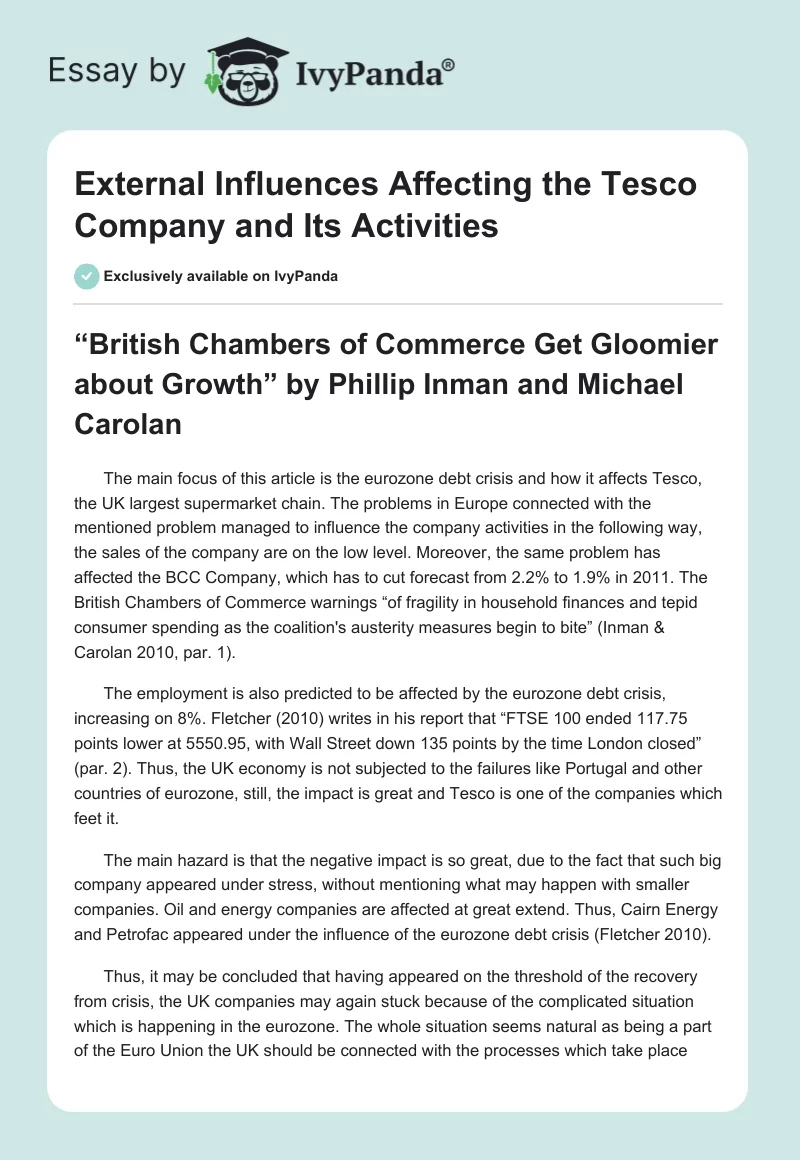 External Influences Affecting the Tesco Company and Its Activities. Page 1