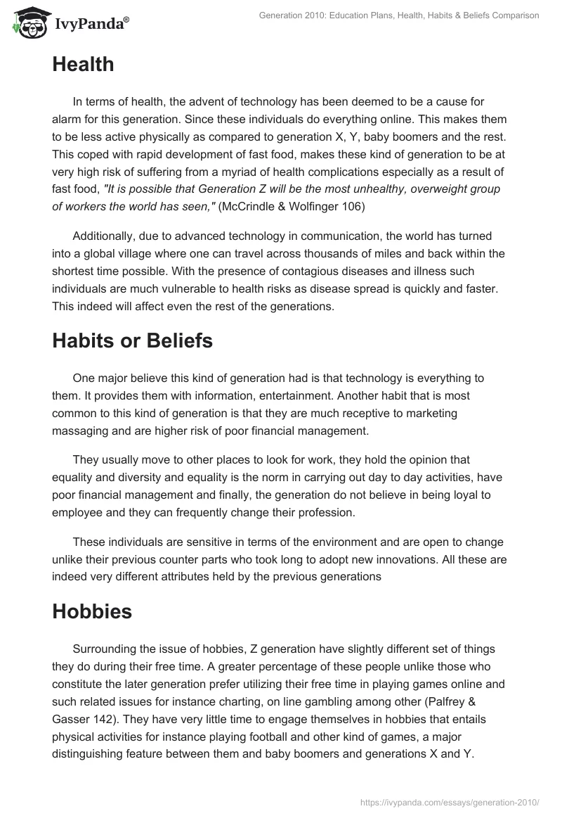 Generation 2010: Education Plans, Health, Habits & Beliefs Comparison. Page 2