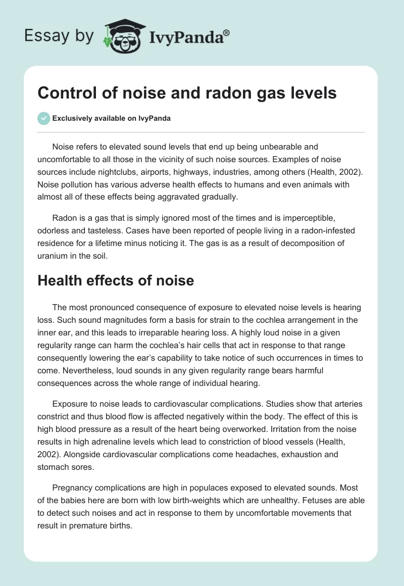 Control of noise and radon gas levels. Page 1
