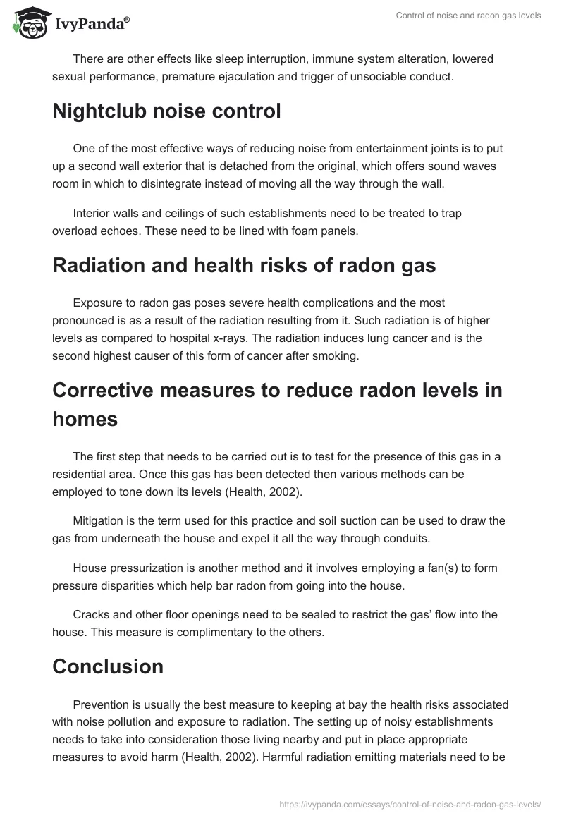 Control of noise and radon gas levels. Page 2