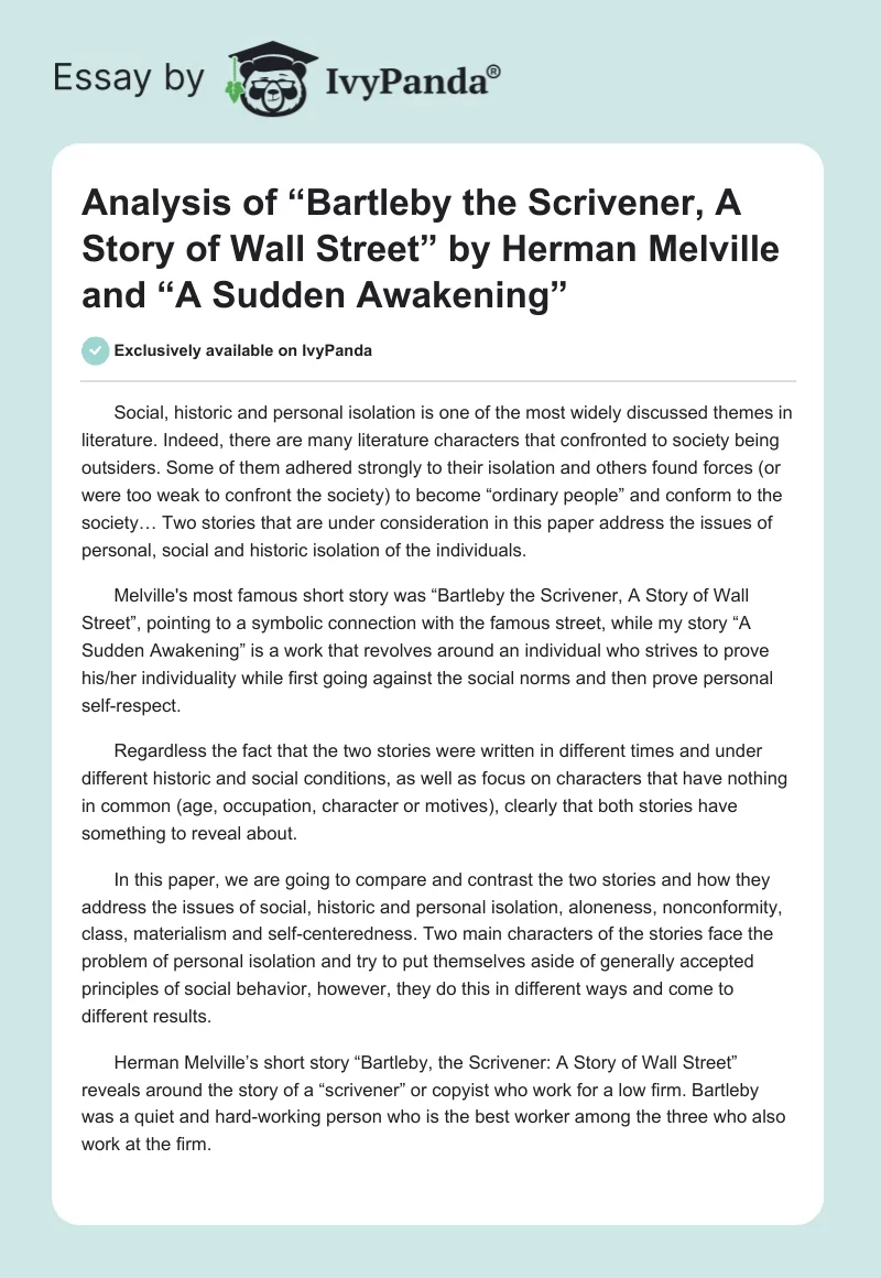 Analysis of “Bartleby the Scrivener, A Story of Wall Street” by Herman Melville and “A Sudden Awakening”. Page 1