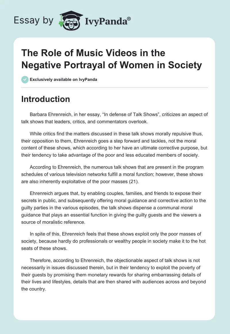 The Role of Music Videos in the Negative Portrayal of Women in Society. Page 1