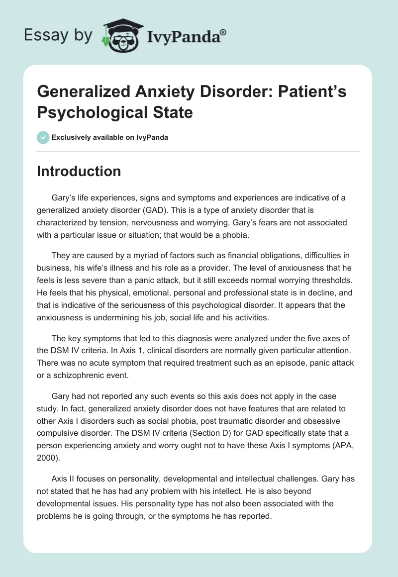 Generalized Anxiety Disorder: Patient’s Psychological State. Page 1