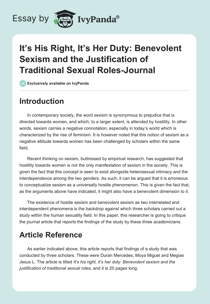 It’s His Right, It’s Her Duty: Benevolent Sexism and the Justification of Traditional Sexual Roles-Journal. Page 1