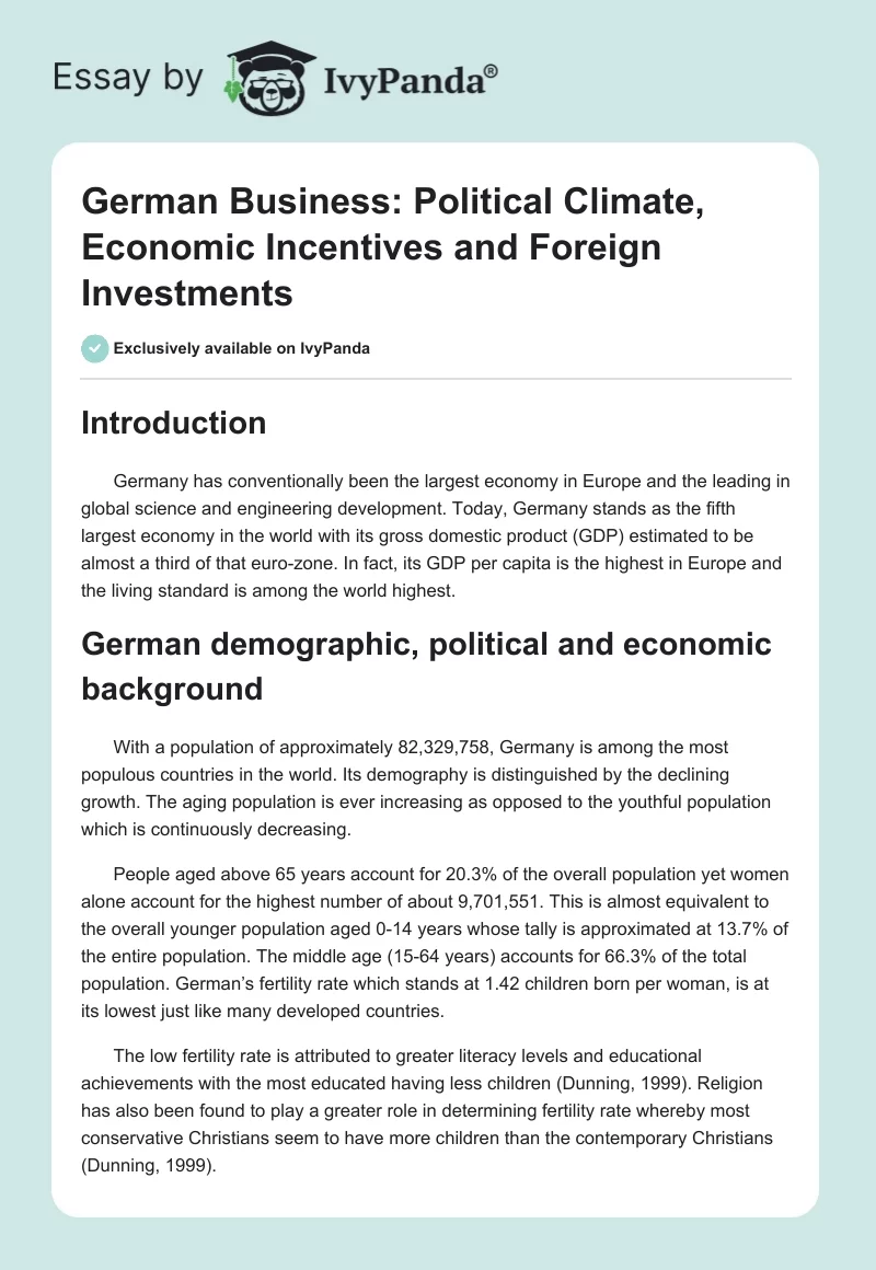 German Business: Political Climate, Economic Incentives and Foreign Investments. Page 1