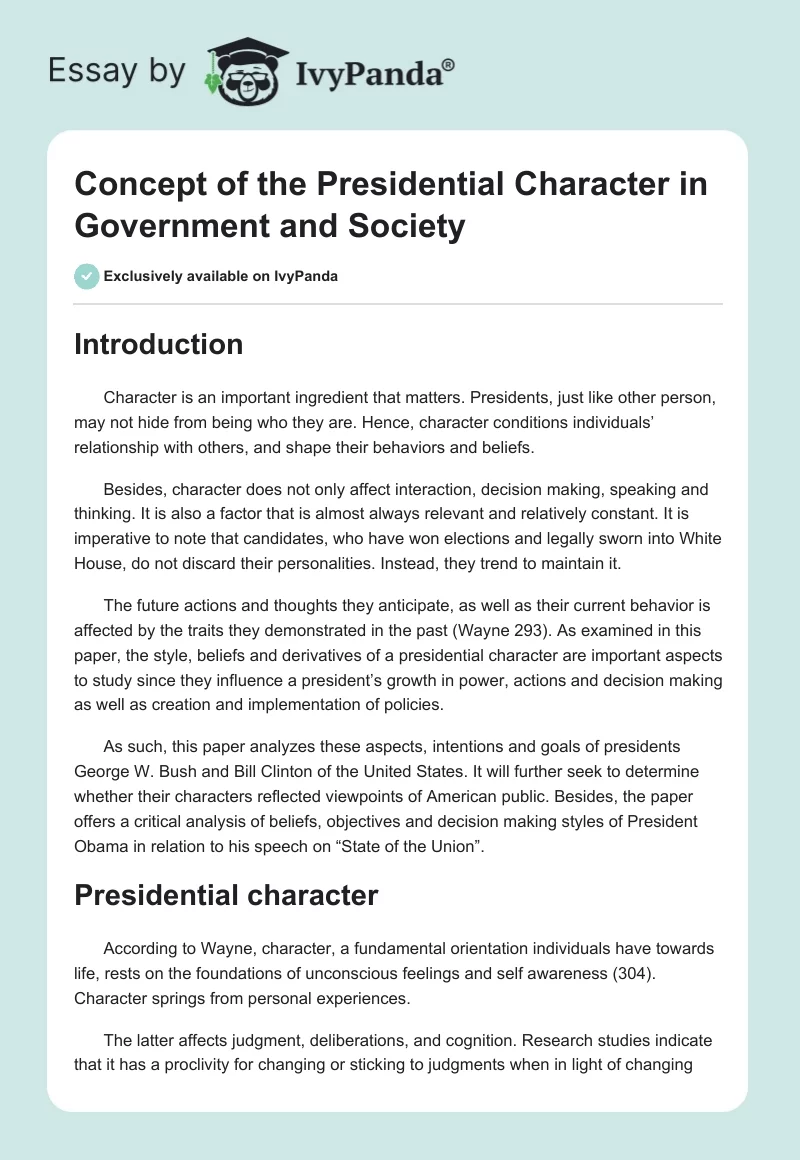 Concept of the Presidential Character in Government and Society. Page 1