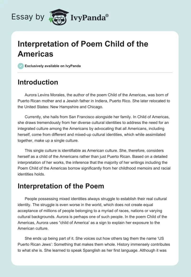 Interpretation of Poem Child of the Americas. Page 1