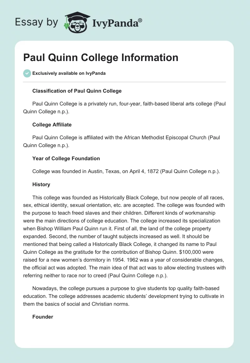 Paul Quinn College Information. Page 1