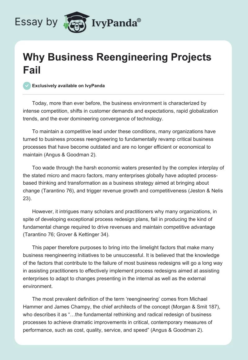 Why Business Reengineering Projects Fail. Page 1