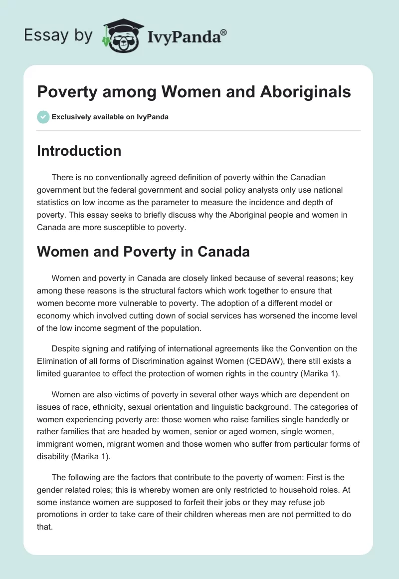 Poverty Among Women and Aboriginals. Page 1