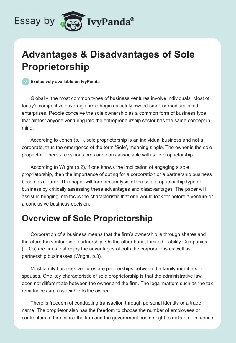 Advantages & Disadvantages of Sole Proprietorship. Page 1