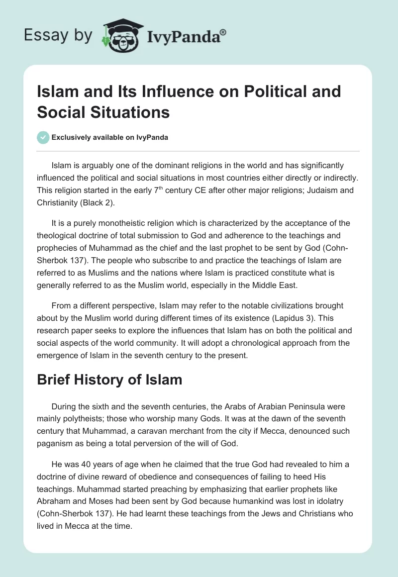 Islam and Its Influence on Political and Social Situations. Page 1