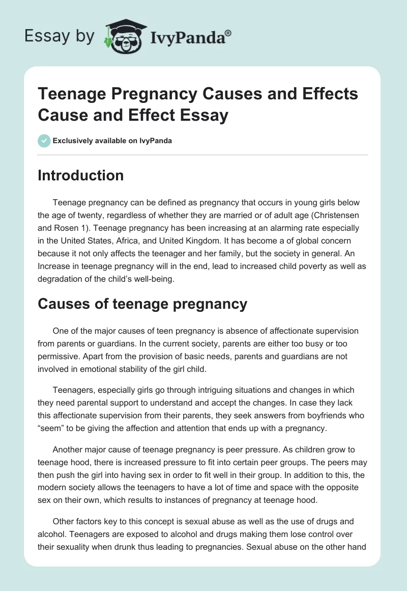 Teenage Pregnancy Causes and Effects. Page 1