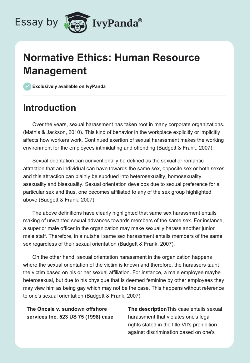 Normative Ethics: Human Resource Management. Page 1