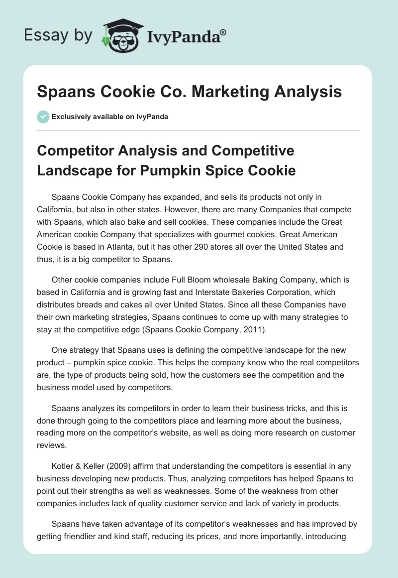 Spaans Cookie Co. Marketing Analysis. Page 1