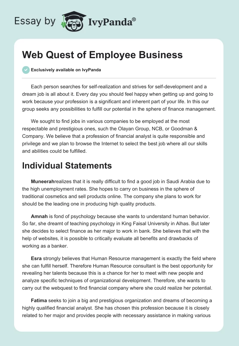 Web Quest of Employee Business. Page 1
