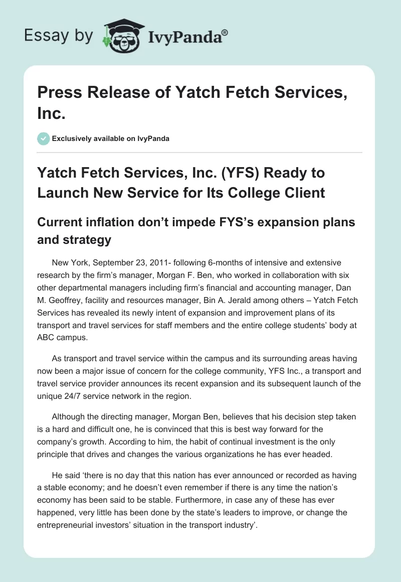 Press Release of Yatch Fetch Services, Inc.. Page 1