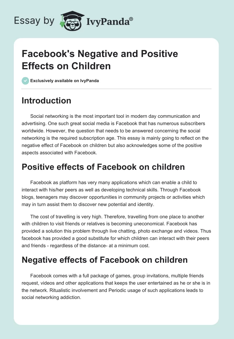 Facebook's Negative and Positive Effects on Children. Page 1
