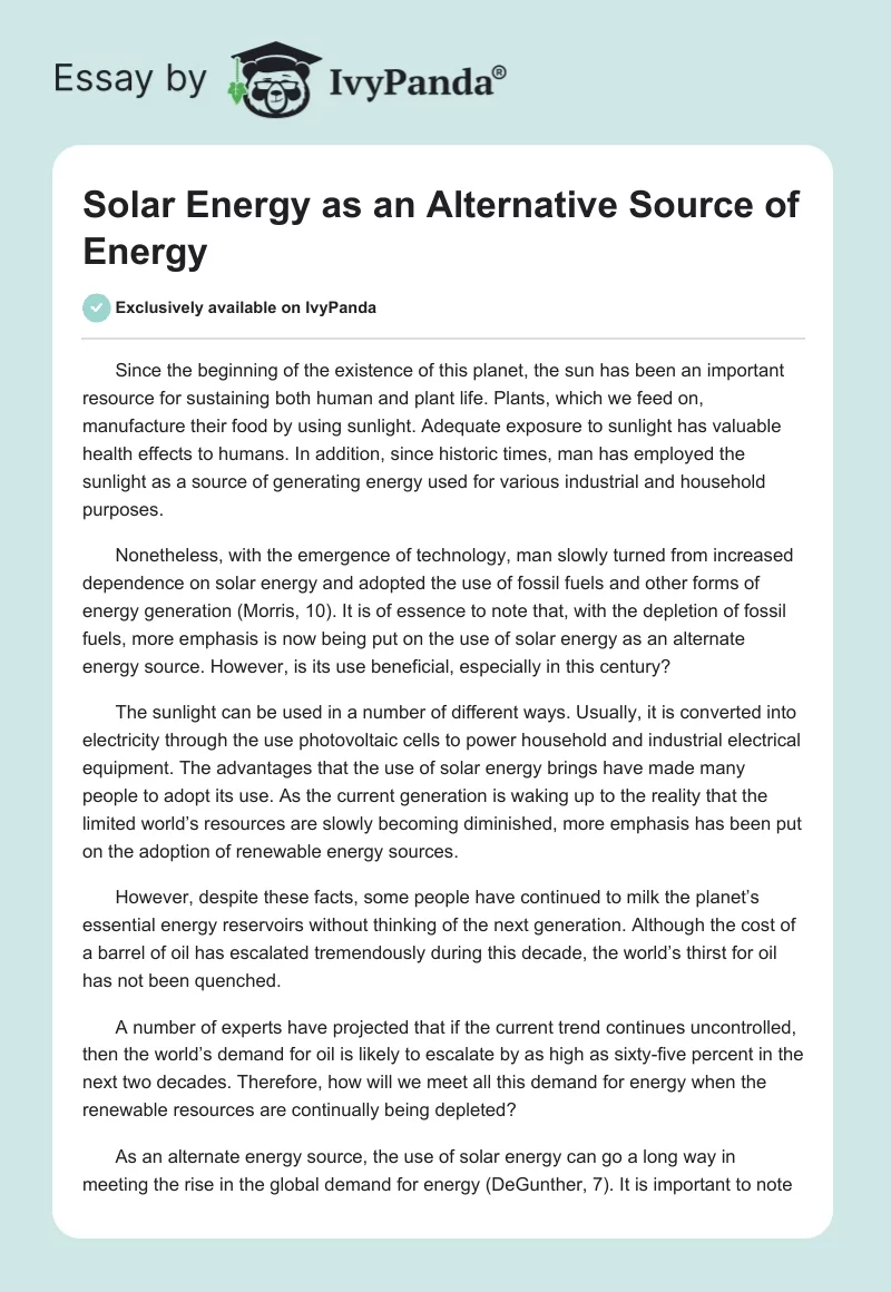 Solar Energy as an Alternative Source of Energy. Page 1