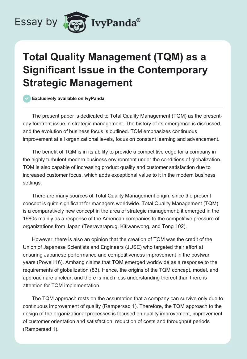 Total Quality Management (TQM) as a Significant Issue in the Contemporary Strategic Management. Page 1