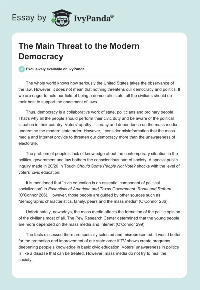 The Main Threat to the Modern Democracy. Page 1