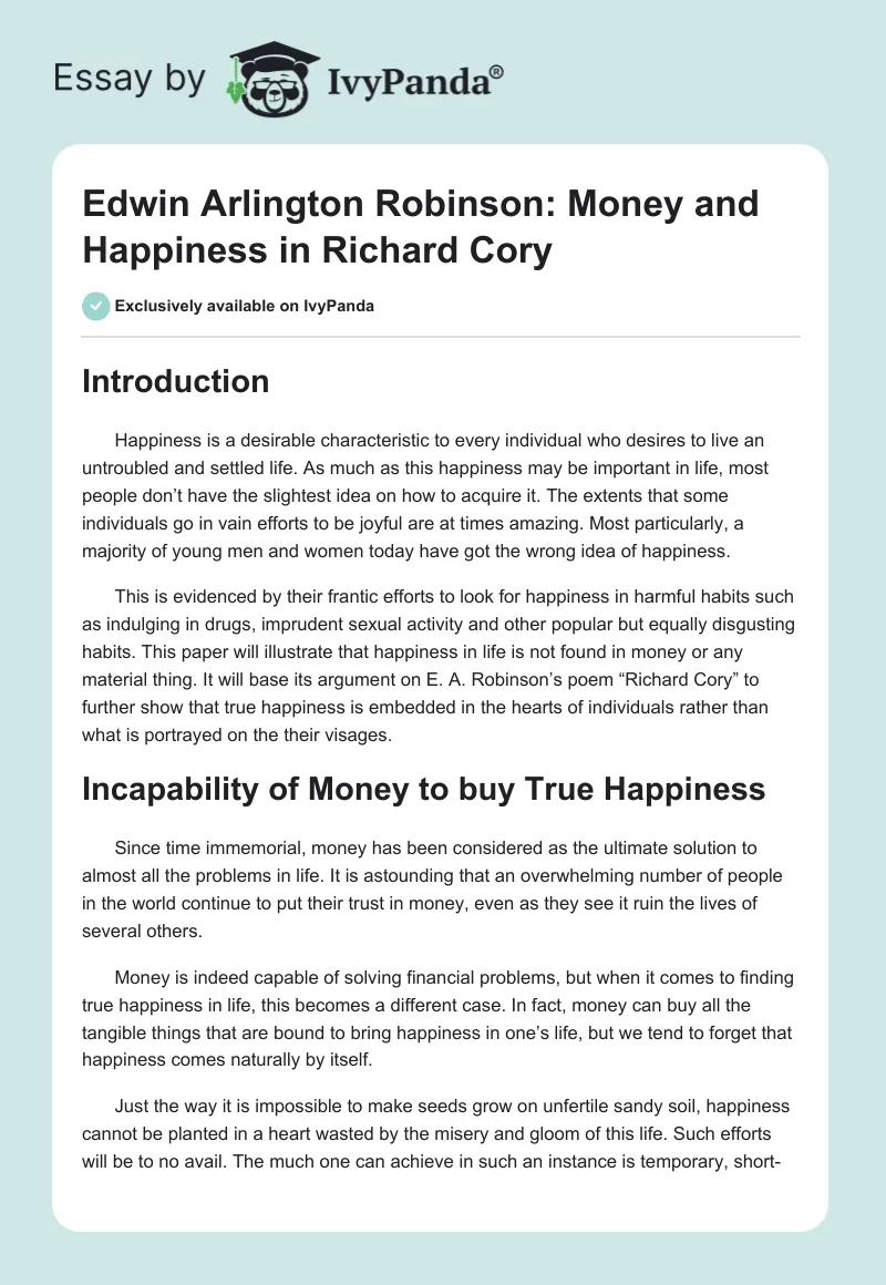Edwin Arlington Robinson: Money and Happiness in "Richard Cory". Page 1