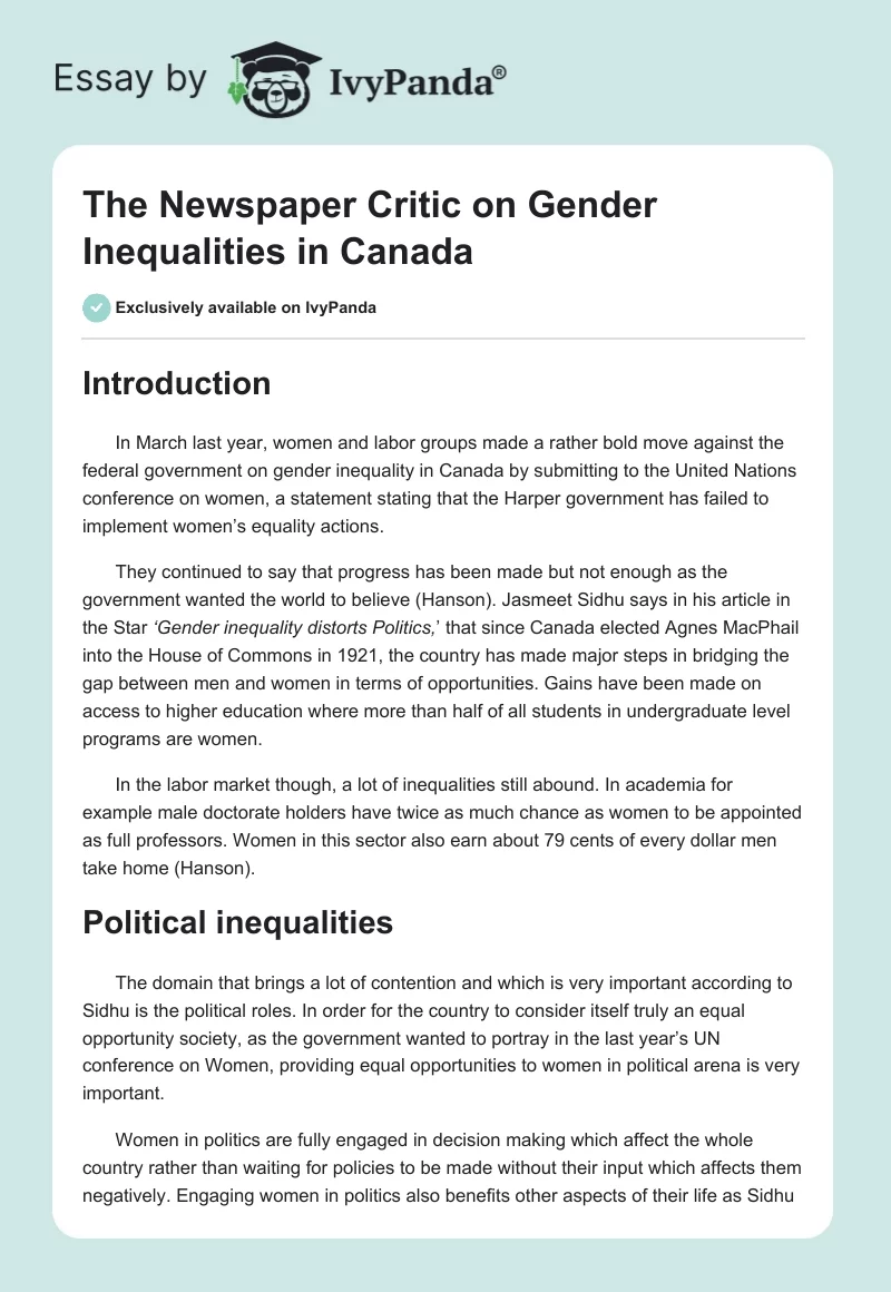 The Newspaper Critic on Gender Inequalities in Canada. Page 1